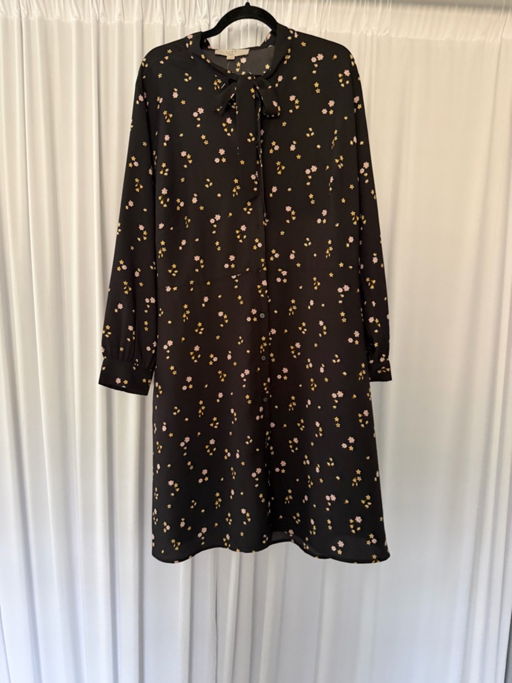 LOFT Black Mini Dress with Pink and Yellow Floral Print and Tie Neck